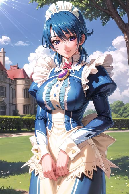 <lora:Shiiko_LoRA_AdamW_Dim64_Alpha32_5e-5_12batch_CosineAnnealingLR_NAI-000022:1>, shiiko_s, 1girl, mature female, short hair, blue hair, large breasts, maid headdress, maid, brooch, center frills, maid apron, skirt, juliet sleeves, long sleeves, wrist cuffs, light smile, v arms, tree, grass, flower, mansion, sunlight, cloud, gradient sky,