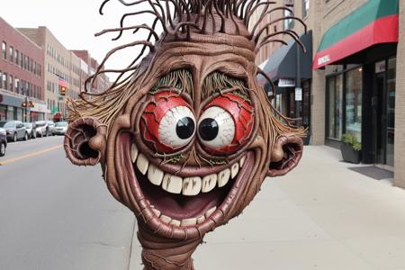 Whimsical brawing in basilwolverton style, grotesque, spaghetti hair, bulging eyes, skin folds, veins, large teeth, bloodshot eyes 1man  smiling walking down a city street looking across the street towards camera <lora:BasilWolvertonComboStyleXL_v1.1:0.8>