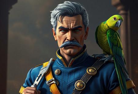 Distinguished power man in blue uniform with yellow belt, gray hair, mustache, green parrot on shoulder, silver pliers. Final Ritual of the Ancients background. Raphael style, Octane Render, Unreal Engine 5, CGSociety, trending on Artstation, 4k, high-res, detailed face/eyes, lifelike, impeccable composition, captivating lighting, golden ratio, splash ink illustration.