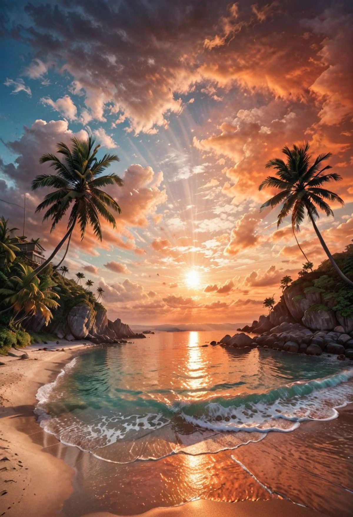 A beautiful sunset over a tropical beach with palm trees and calm water.