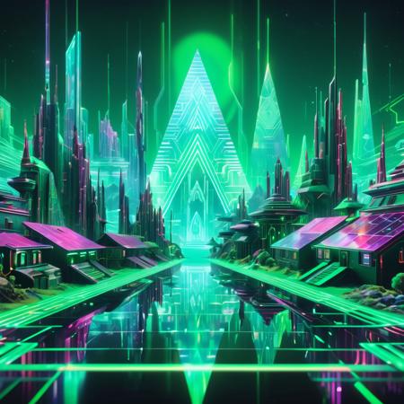 holographic hologram DonMCyb3rSp4c3XL Village, cyberspace,sci-fi, tech,<lora:DonMCyb3rSp4c3XL-000010:0.85>