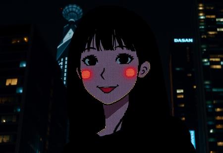 In dark night of city, the lights from building or house are specially arranged to form pattern of a cute Asian girl’s face in pixels style.