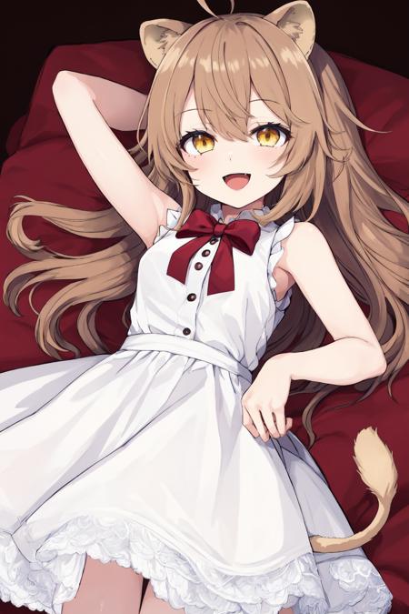 dress,animal ears,virtual youtuber,tail,yellow eyes,1girl,looking at viewer,white dress,brown hair,long hair,bangs,ahoge,lion tail,lion girl,sundress,smile,sleeveless dress,open mouth,lion ears,solo,sleeveless,