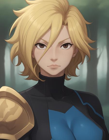 dimaria short hair, blonde hair, hair between eyes blue bodysuit, skin tight, pauldron, blue knee boots armor, cleavage, black and red striped pants, strapless, bare shoulders, sandals