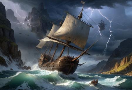 Night Landscape oil painting where the storm is the focal point. The storm dominates the skyscape while in the foreground a flying ship is battered by the winds. To spindly metal spires stand resolute in the face of the coming storm, built within a steep mountain pass. ((Highest quality:1.0),(High resolution:1.0), (masterpiece:1.0), (overview:0.6), beautiful and aesthetic:1.3), extreme detailed, colorful, highest detailed,((ultra-detailed)),(highly detailed CG illustration),((Gloomy and Dark Atmosphere)),,