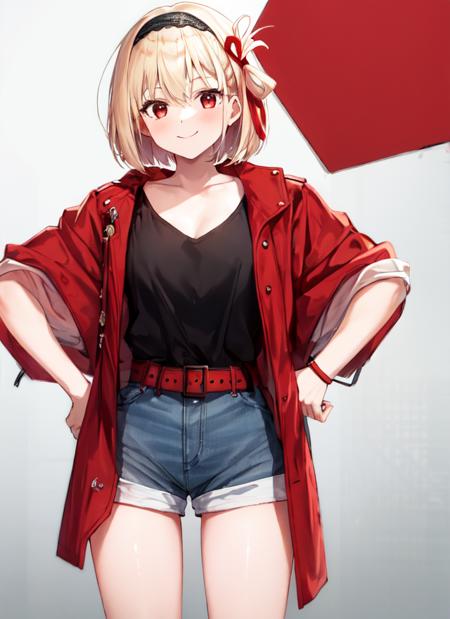 masterpiece,(ultra-detailed),1girl,smile, nishikigi chisato, red ribbon, shorts, shirt, hairband, white shorts, black shirt, belt, black hairband, red jacket, open clothes, collarbone, short sleeves, jacket, short shorts, red belt, red coat, thighs, hair ornament cowboy shot, <lora:nishikigi_chisato_v2:1>