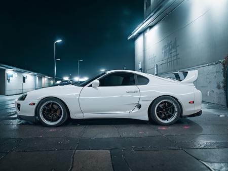 side photo of white mk4Supra in a grungy alleyway at night no spoiler on the back, high quality photo, bokeh, 8k resolution, gobo lights, cool ambient light volumetric light, neon lights, depth of field, analog, foggy atmosphere, <lora:Mk4Supra-000001:.8>,  <lora:analogdiffusion_Lora300:.2>