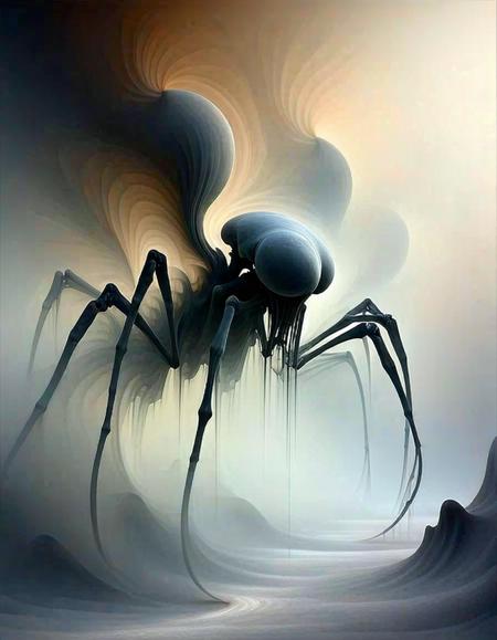 Biokinetic creature, Yves Tanguy, Roger Ballen, Mark Rothko, confusion, fog, fractal style, light and shadow, hyperrealistic