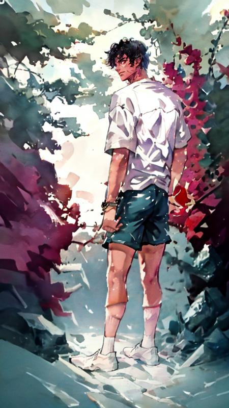 1boy,ganning,white shirt,masterpiece,best quality,highres,looking_at_viewer,rim light,incredibly absurdres,macro_shot,,<lora:ganning2:0.9>,shorts,<lora:try2:1>,