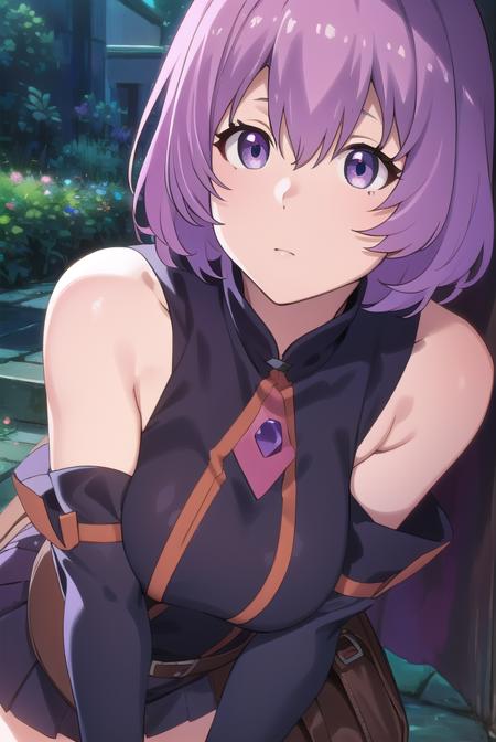 shihoru, short hair, purple hair, (purple eyes:1.1), skirt, thighhighs, gloves, hat, bare shoulders, purple hair, detached sleeves, witch hat,