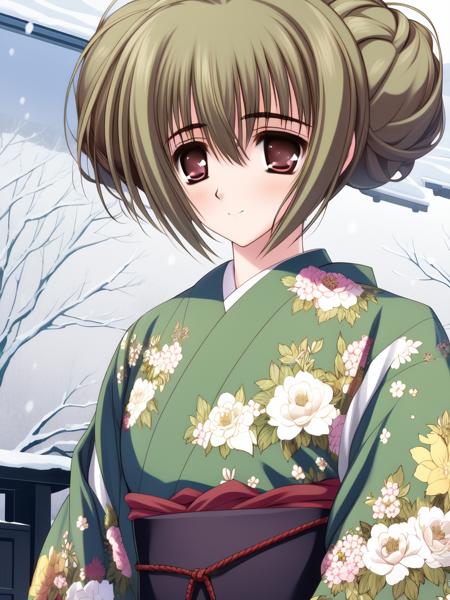 <lora:MiyanokoujiMizuho:1>, MiyanokoujiMizuho, 1girl, japanese clothes, kimono, solo, brown eyes, brown hair, green kimono, torii, snow, sash, floral print, obi, smile, green hair, blush, long sleeves, short hair, hair bun, braid, day,
masterpiece, high quality, very_high_resolution, large_filesize, full color,