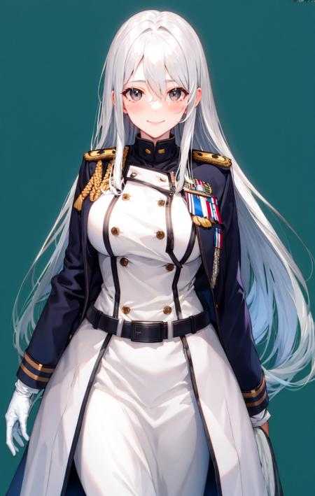 1girl, close_shot ,gray_eyes, white_hair, bangs, belt, blush, breasts, chibi, eyebrows_visible_through_hair, gloves, hair_between_eyes, jacket, large_breasts, long_hair, looking_at_viewer, military, military_uniform, mole, shirt, silver_hair, simple_background, skirt, smile, solo, uniform, very_long_hair, white_background, white_gloves <lora:style_shirabii:1>