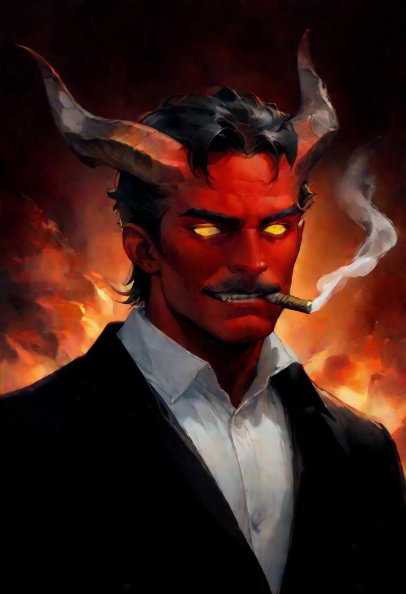 score_9, score_8_up, score_7_up, male tiefling, 1boy, black hair, thin mustache, slicked back hair, short hair, large horns, goat, yellow eyes, demon horns, red skin, black coat with gold details, white shirt, mature male, smoking cigar, hell background, fire background, fantasy art, sfw, dark theme, low light, solo, devil, grin, glowing eyes