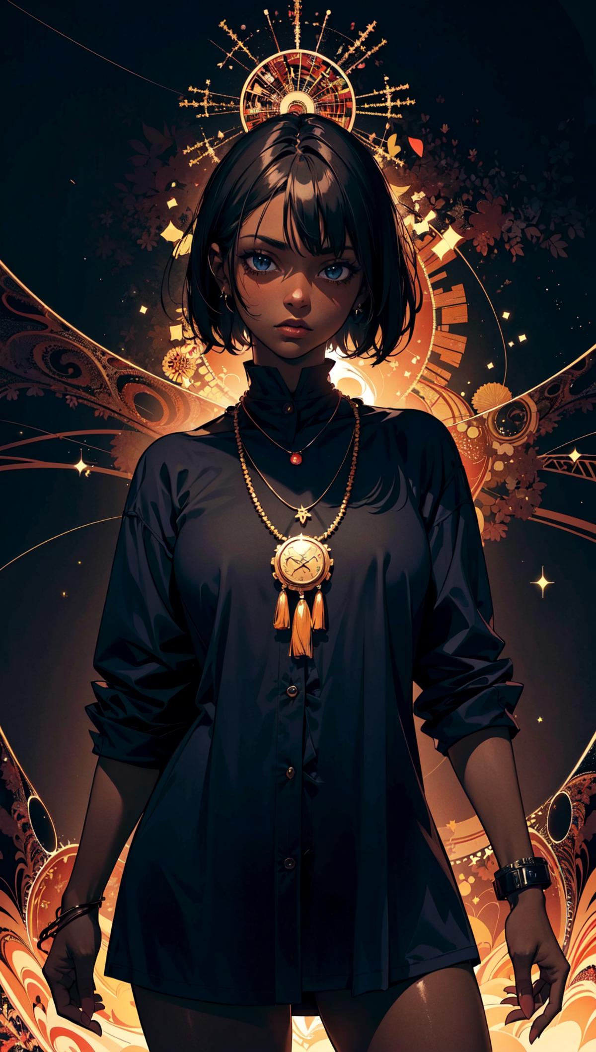 A woman wearing a black blouse and a clock necklace stands against a backdrop of stars and gears.