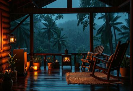 A cozy wooden cabin porch in the middle of a lush, tropical rain forest during a nighttime rainstorm. The porch is warmly lit by a glowing lantern and a crackling fire inside a freestanding black metal fireplace. Rain pours heavily in the background, with mist rising between densely packed forest trees and distant jungle hills. The porch floor is wet and reflective, with stacked logs of firewood, green potted plants, and rustic wooden furniture, including a rocking chair and a small table holding a cup and a pitcher. A woven rug adds a touch of warmth to the space. The overall atmosphere is tranquil, immersive, and cinematic — ideal for a relaxing ASMR or ambient scene. Soft warm lighting contrasts beautifully with the deep blues and greens of the rain forest night.