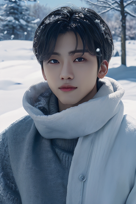 1boy,(close-up:1.4),(winter ,snowy:1.2),(RAW photo:1.2), (photorealistic:1.4),(masterpiece:1.3),(best quality,1boy:1.4), dreamlike, (detailed eyes),(detailed facial features), (detailed clothes features) solo, cute,closed mouth, black hair, black eyes, crystal pendant, Long blue scarf,White long wool coat,(detailed face), grunge,(high detailed skin:1.2),soft lighting, high quality,