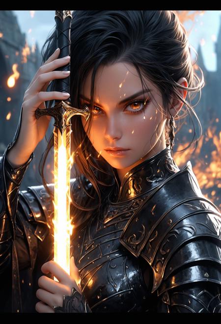 gothic warrior princess, holding a glowing sword, black enchanted armor, flames in the background, dramatic lighting, highly detailed textures, photorealistic, volumetric lighting, dark fantasy atmosphere, intricate armor design, cinematic photography, 8k, hyper-realistic, epic battle stance, trending on Artstation