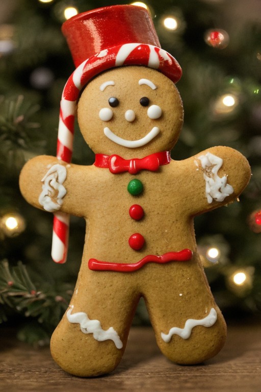 Gingerbread_Man, food, cookie, food focus, no humans, 
A top hat-toting gingerbread man is lost in a candy cane forest.
