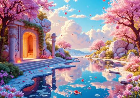 The Iridescent Cloud Temple
A suspended sanctuary, where temple ruins float among glowing clouds, their golden vines creeping over translucent crystal structures. The sky is an endless sea of lavender, peach, and electric blue, reflecting in the smooth marble pools that dot the garden. Gravity-defying lanterns drift lazily through the air, their gentle pulse mimicking the rhythm of a soft synth melody. The air smells of sage, ozone, and morning dew, carrying the faint hum of a celestial harp playing somewhere in the distance.