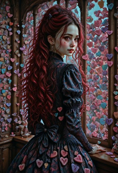 1girl, long hair, 28 years old, score_9,score_8_up,score_7_up,8k,1girl,solo, office, window, night, (Victorian dress made from candyhearts:1.4), (candy hearts print:1.2), fully dressed, hands behind the head, long sleeves, (background made from candyhearts:1.5), UnderlandRedQueenDaal.