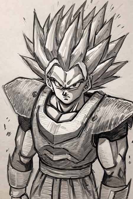 ((masterpiece, best quality)),  (Pencil_Sketch:1.2,  messy lines,  greyscale,  traditional media,  sketch),  unfinished,  hatching (texture),  solo,  scifi armor,  looking at viewer,  simple background,  1boy,  closed mouth,  upper body,  male focus,  spiked hair,  serious,  dougi,  saiyan, <lora:Anime_Sketch_SDXL:0.800000>