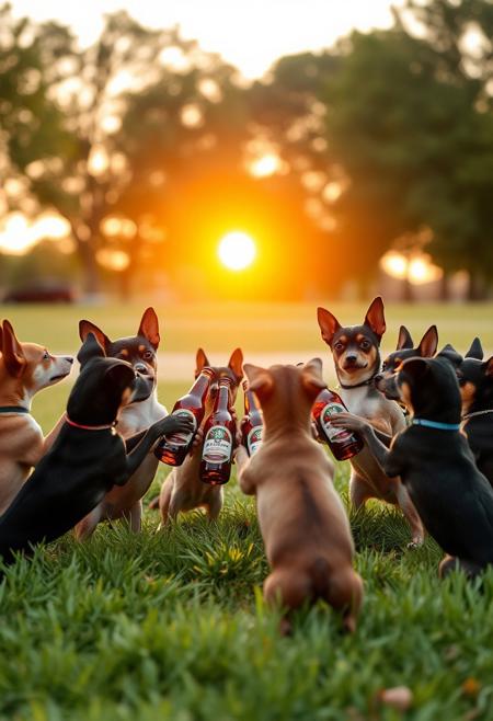 Imagine a playful group of Miniature Pinchers in the middle of a park, gathered in a circle, each holding bottles of beer in their paws. The sun is setting on the horizon, casting a golden glow across the grass, while the Miniature Pinschers pass the beers around. The scene is lighthearted and comical. Focus on the Miniature Pinschers group