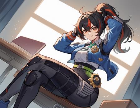 <lora:zhu-yuan-ponyxl-lora-nochekaiser:1>, zhu yuan, black hair, medium breast, big butt, orange eyes, black hair, red hair, multicolored hair, streaked hair, long hair, ponytail, ahoge, hair between eyes, confident blue jacket, police, policewoman, police uniform, high-waist pants with robotic guards, shoulder guards, front belt with star-shaped symbol, checkered necktie, black gloves, police badge, uniform, black shoes, wrist guards, white shirt, long sleeves, police theme, blue footwear