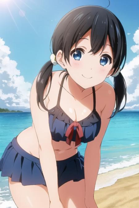 high quality, masterpiece, beautiful, 1girl, (kitashirakawa_tamako), twintail,  black hair,  blue eyes,  (beach),  (bikini), leaning forward, blue_sky, outdoor, looking at viewer, smile, <lora:kitashirakawa_tamako_v3-000005:0.5>