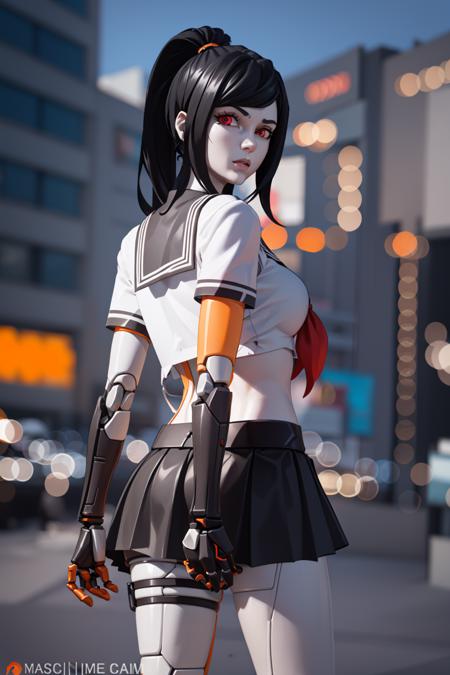 <lora:VRAMsTsuki:0.65>, xyztsuki, 1girl, solo, from behind, stiches, android, black hair, looking at viewer, black skirt, closeup, school uniform, ponytail, serafuku, sailor collar, blurry, blurry background, joints, pale, mechanical arms, 3d model cycles render,  cyborg, joints, long hair, looking at viewer, mechanical arms, mechanical parts, cyberpunk, orange, made of plastic, heavy eyeliner, suspending, red eye color