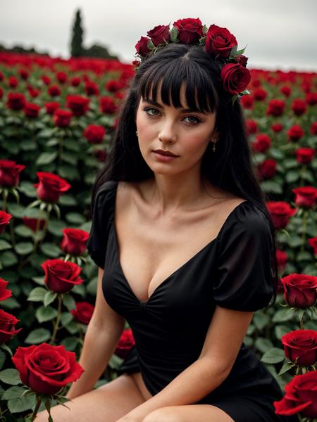 a woman in a black dress sitting in a field of red roses, inspired by John Collier, red magic surrounds her, female body, roses in her hair, la catrina, by Wyke Bayliss, beautiful, marc brunet, by ESAO, nsfw,