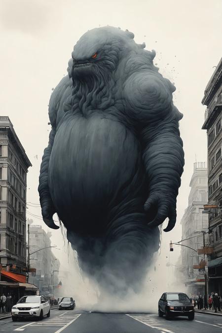 ink wash painting of gigantic blob-kaiju in a city, heavy smog . monochromatic, loose, fluid, expressive, delicate,colorful
