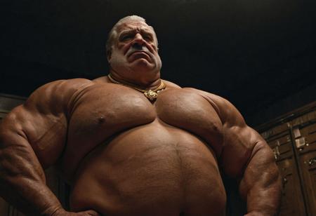 (photo, realistic, raw), (nighttime, at night, dark, dark hard shadows, cinematic atmosphere, movie grain, hazey atmosphere), closeup from below, (brute, etherial, spiritual, emperor, king, god), old burly buff gentleman, old manly mature man, combed back hair,  doublechin, old tanned grandpa, wrinkly neck, proud big chest, thick neck, armpits, tanned skin, tight golden spandex, gold jewellery, gold necklace, in a dark locker room at night, nighttime, arrogant disgusted disappointed smile, intimite situation, romantic atmosphere, stern, serious, angry, sad expression, belly and pecs from below