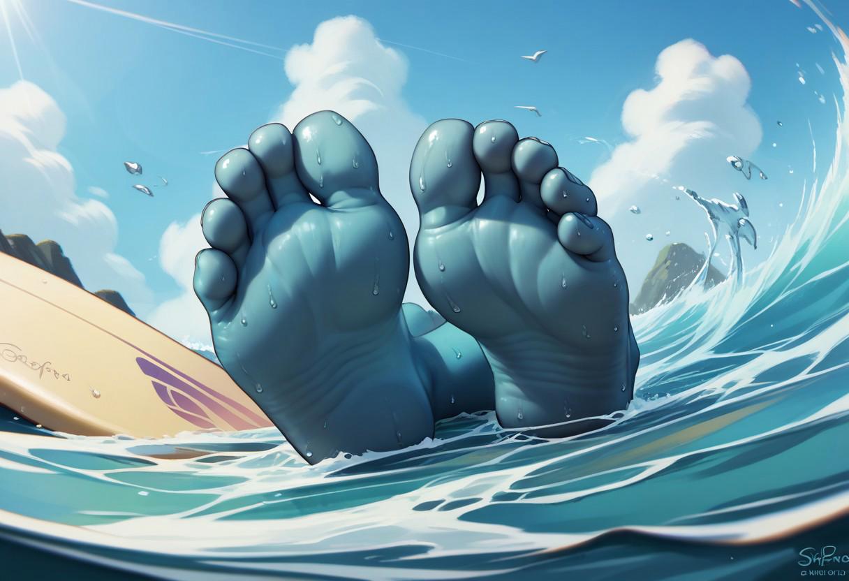 score_9, score_8_up, score_7_up, score_6_up, score_5_up, score_4_up, oshawott, seashell, pokemon (creature), blue feet, 5 toes, humanoid feet, foot focus, feet style, foot style, water, surfing, feet on surfboard, wet on feet, close-up