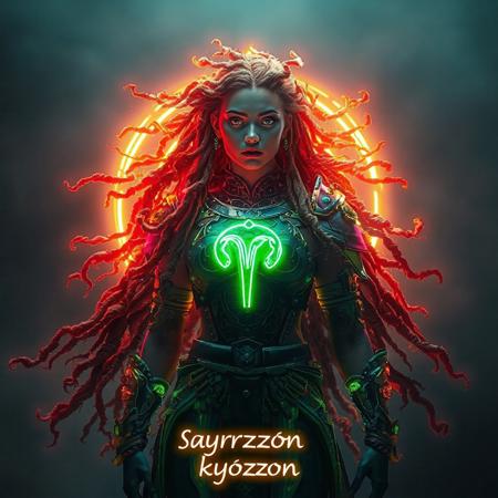 ansitions with the ethereal grace of the bioluminescent translucent fungus, Moss, and seaweed she embodies. Her body is adorned with a set of intricately crafted Bioluminescent translucent Virgo alexandrite colors zodiac armor, which casts a mesmerizing glow that outlines her form. The Virgo sign, prominent on her chest plate, pulses in vibrant neon colors, symbolizing her deep connection with the cosmos and the wisdom it holds. Her hair looks like Bioluminescent translucent roots, vines, fruit-steams, and wood Dreadlocks. Floating above her in majestic neon letters is her name, "Saraswati," illuminating the scene with an otherworldly presence. At the bottom of the picture, the word "kyōzon" is inscribed in neon colors, a subtle nod to the Japanese term for "hallucination," hinting at the surreal and fantastical nature of her existence. Her character sheet, displayed with 50 distinct and realistic fungi-based superpowers, adds a layer of depth and intrigue to her mystical aura. moody backdrop, contrasting with the vivid neon elements and emphasizing her as the focal point of the composition. The visual symphony of colors, textures, and forms come together to create a captivating portrayal of a powerful being that is both of this world and beyond it.