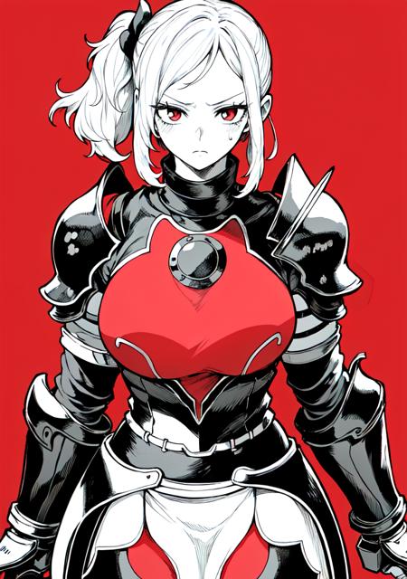 (masterpiece), best quality, solo, 1girl, red background, redeyes, white hair, large breasts, armor, knight,  plate armor, looking at viewer, sad, spot color, monochorome, greyscale with colored background, greyscale,  side ponytail, <lora:yotsumi_shiro:0.7>