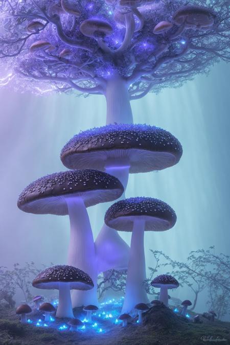 misty enchanted forest, glowing mushrooms scattered on the forest floor, ancient trees with twisting branches, soft blue and purple lighting, gentle fog rays through trees, fantasy magical vibe, high detail forest floor