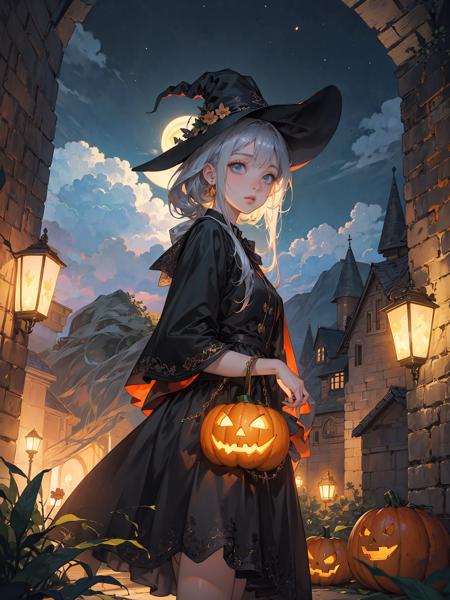 (extremely detailed CG unity 8k wallpaper),(masterpiece),(best quality),(ultra-detailed),(best illustration),1girl,candy,hallowmas,night,pumpkin lamp,witch,The detailed castle,mist encircles the mountains,fairyland,nature,flowers,<lora:æ°´å¢¨-000012:0.5>,