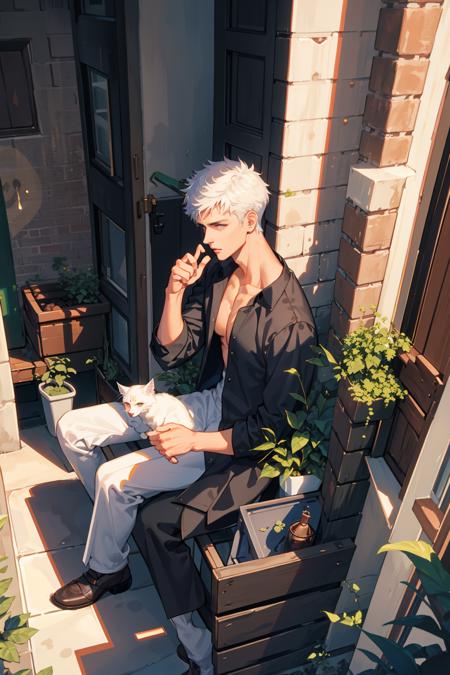 masterpiece, best quality, 1 male, handsome, tall muscular guy, very short white hair, best ratio four finger and one thumb, best light and shadow, background is back alley, detasiled sunlight, sitting, Little cats are gathered next to him, dappled sunlight, day, depth of field, plants, summer