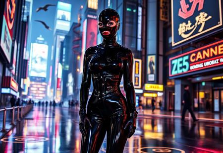 a cowboy shot of A woman dressed in a sleek black latex catsuit and black latexHood stands in a post apocalyptic setting. The catsuit clings to her form, reflecting the ambient neon lights that illuminate the scene. She stands in a high-tech cityscape, surrounded by towering giantess cyborg women with holographic advertisements and flying vehicles zooming through the air. The ground beneath her is a glossy, metallic surface with futuristic symbols glowing faintly. The atmosphere is a mix of cyberpunk and sci-fi, with vibrant neon colors contrasting against the dark, sleek architecture. she has no hair.
