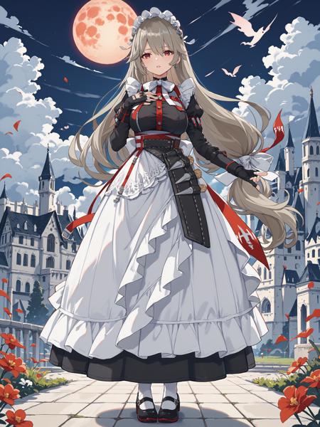 Alexandrina Sebastiane low-tie long hair, hair ribbon, holster, maid headdress, white legwear, mary janes, black long dress, maid apron, white bowtie, partially fingerless gloves