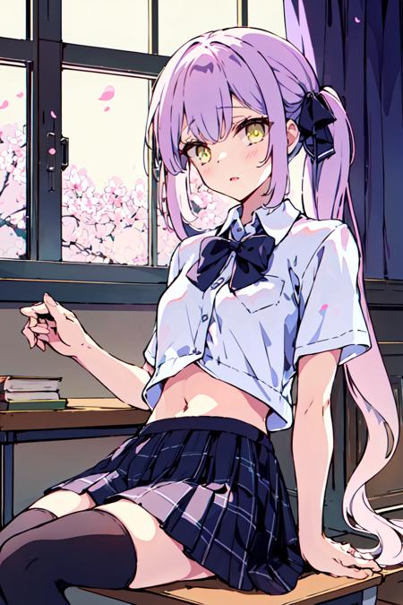 <lora:koomoi11:1>1girl, solo, skirt, shirt, thighhighs, white shirt, purple hair, window, pink flower, collared shirt, long hair, curtains, book, ribbon, short sleeves, sitting, black thighhighs, bangs, plaid, plaid skirt, pleated skirt, blush, pink ribbon, holding, navel, green eyes, parted lips, flower, open book, hair ribbon, looking away, twintails, open window, school uniform, cherry blossoms, yellow eyes, low twintails, black ribbon