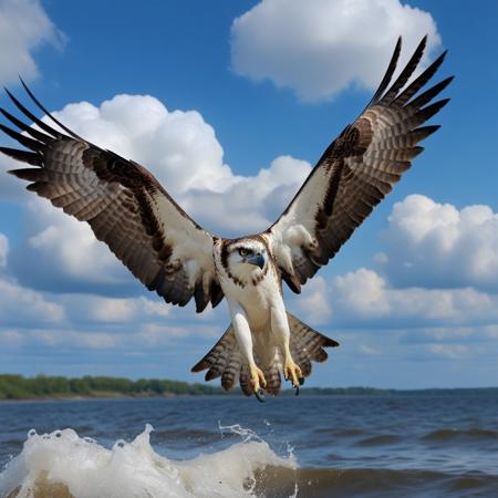 close-up osprey eagle in flight rushing into the sea, blue sky background with cumulo-nimbus cloud, photography very realist