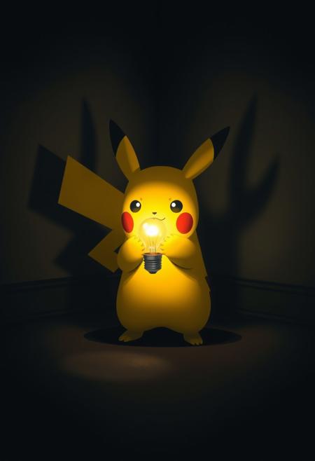 "Pikachu stands alone in a dark room, the only sound the faint hum of silence. But Pikachu's electric powers come to the rescue, as it holds a light bulb in its paws, illuminating the space with a warm, golden glow. The bulb shines brightly, casting a cozy light on Pikachu's determined expression. The surrounding room is dimly lit, with shadows cast on the walls, but Pikachu's light bulb is a beacon of hope in the darkness. Style: warm, cozy, and intimate, with a focus on capturing the contrast between the dark room and Pikachu's radiant light."