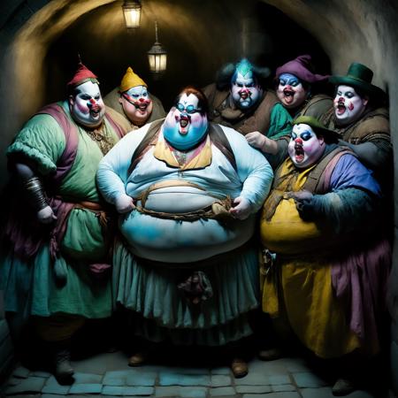 photo, a group of obese Adventurer clowns in a badly lit dungeon (ClownDungeon style:1)  <lora:djzClownDungeon:0.8>