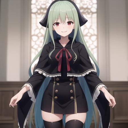 (masterpiece, best quality:1.2),illustration,8k,hd,absurdres,1girl,solo,cowboy shot,long hair,smile,zettai ryouiki,black thighhighs,dress,neck ribbon,looking at viewer,long sleeves,hair band,capelet,green hair,black dress,red eyes,ribbon,bangs,frills,loafers,<lora:Ilia_(trinity_seven)>,