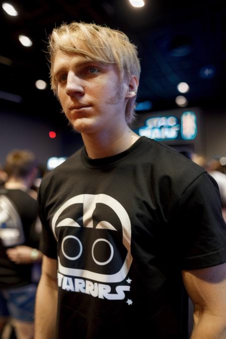 a blonde man at the comicon convention, posing in a (black starwars shirt), crowded, people in the background, looking at camera, upper body, (candid, amateur), (raw, 8k, uhd, fujifilm xt3),  <lora:paulDano:1>