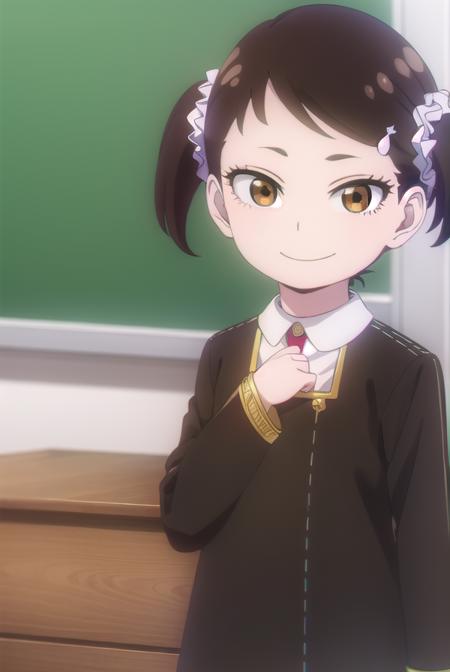 beckyblackbell, <lora:becky blackbell s1-lora-nochekaiser:1>,
becky blackbell, black hair, hair ornament, twintails, hairclip, scrunchie, hair scrunchie, (brown eyes:1.5), smile,
BREAK long sleeves, dress, school uniform, socks, black dress, eden academy school uniform,
BREAK indoors, classroom,
BREAK looking at viewer, (cowboy shot:1.5),
BREAK <lyco:GoodHands-beta2:1>, (masterpiece:1.2), best quality, high resolution, unity 8k wallpaper, (illustration:0.8), (beautiful detailed eyes:1.6), extremely detailed face, perfect lighting, extremely detailed CG, (perfect hands, perfect anatomy),