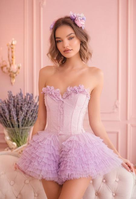 Imagine a whimsical photoshoot with a stunning model, showcasing her sexy and stylish outfits in a beautifully designed room with soft, pastel aesthetics, and a hint of pinkish tones. Captured with the Canon EOS R5 camera and the RF 50mm f/1.2L USM lens, this shoot exudes a romantic and dreamy atmosphere. The model, surrounded by pastel-hued walls, delicate furnishings, and soft lighting, becomes the embodiment of whimsical elegance. The wide aperture of the lens creates a shallow depth of field, blurring the background and adding a soft focus effect to enhance the overall dreamlike vibe. The pastel palette, with its soft pinks, lavenders, and creamy whites, complements the model's radiant beauty and the stylish outfits she dons. This shoot, with its subtle pinkish color grading and aesthetic appeal, captures the essence of fantasy and glamour, creating a unique and captivating series of portraits.