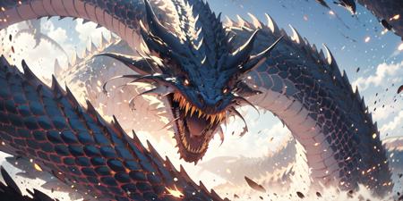 (masterpiece:1.2),best quality,PIXIV,Chinese dragon,
letterboxed, dragon, open mouth, no humans, sky, horns, cloud, glowing, glowing eyes, teeth, outdoors, scales, wings, day, sharp teeth
<lora:Chinese dragon-000014:1>,