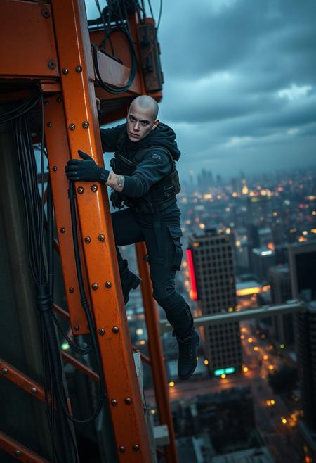 This is a photograph featuring a futuristic, gritty urban setting. The primary subject is a bald, pale-skinned young woman  with a petite build, dressed in a dark, rugged, tactical outfit that includes a  jacket and pants. She has several tattoos on her hands and arms. She is climbing a large, industrial, orange-painted metal structure, likely part of a skyscraper or a high-rise building. The structure has numerous wires and cables attached to it, adding to the dystopian aesthetic.
In the background, the cityscape is dimly lit with a mix of neon lights and street lamps, creating a moody, almost apocalyptic atmosphere. The sky is overcast, with a muted blue-gray hue, suggesting either early morning or late evening. The overall color palette is dominated by grays, blacks, and the orange of the structure, with splashes of red and yellow from the city lights. The man's expression is intense and focused, suggesting a sense of urgency or purpose.
The photograph is likely taken with a high-resolution camera, capturing fine details such as the texture of the man's clothing, the rust on the metal structure, and the intricate patterns of the city lights.